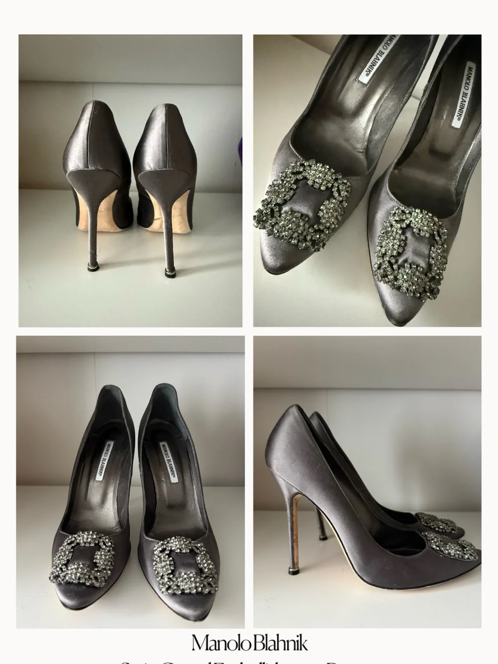 Manolo Blahnik Gunmetal Satin Crystal-Buckle Pointed-Toe Pumps - Picture 1 of 1